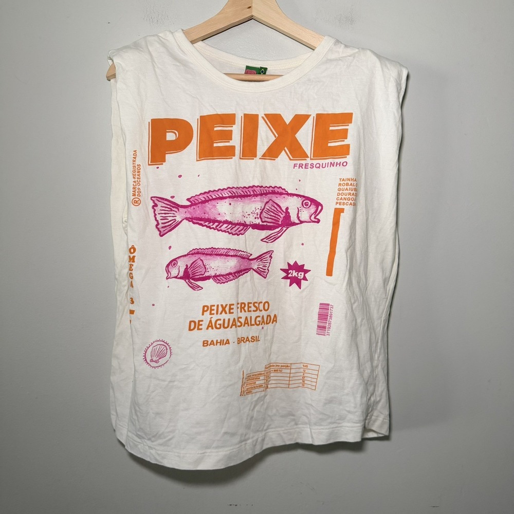 FARM Rio Peixe Fish Graphic T Shirt Sleeveless Top Bahia Brazil ivory size P
